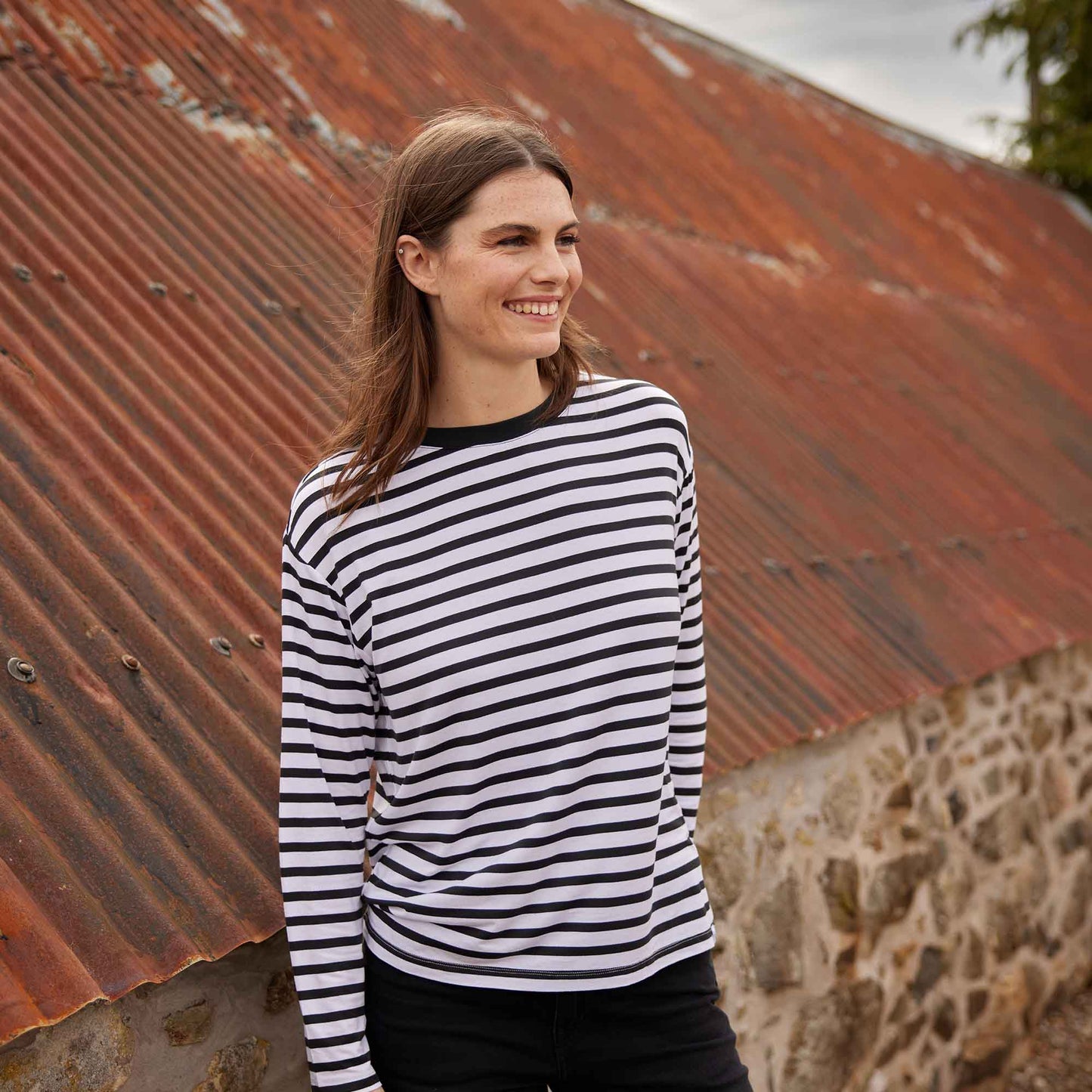 Kitty Womens Long Sleeve Striped T-Shirt - Washed Black Stripe