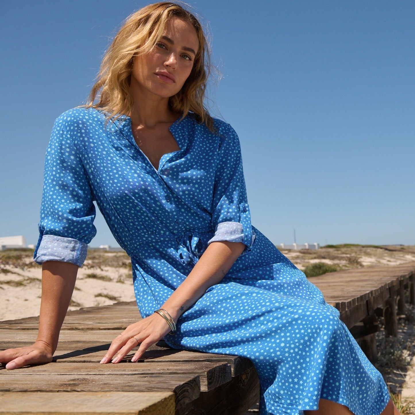 Claudia Womens Shirt Dress - Mykonos Blue Star Print