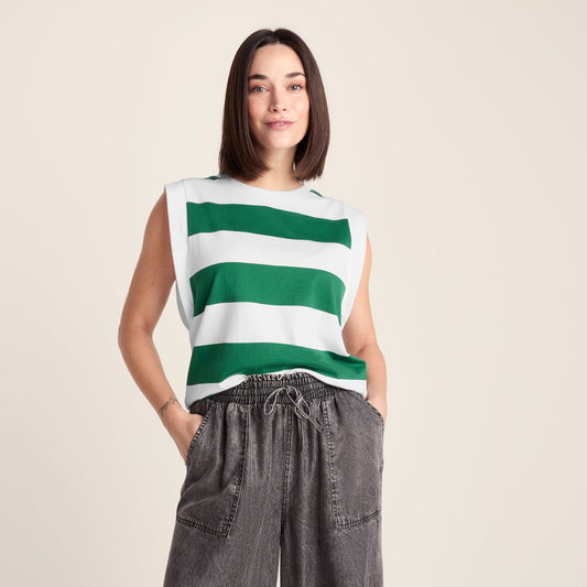 Aurelia Womens 100% Cotton Supersoft Boxy Fit Vest - Green Stripe
