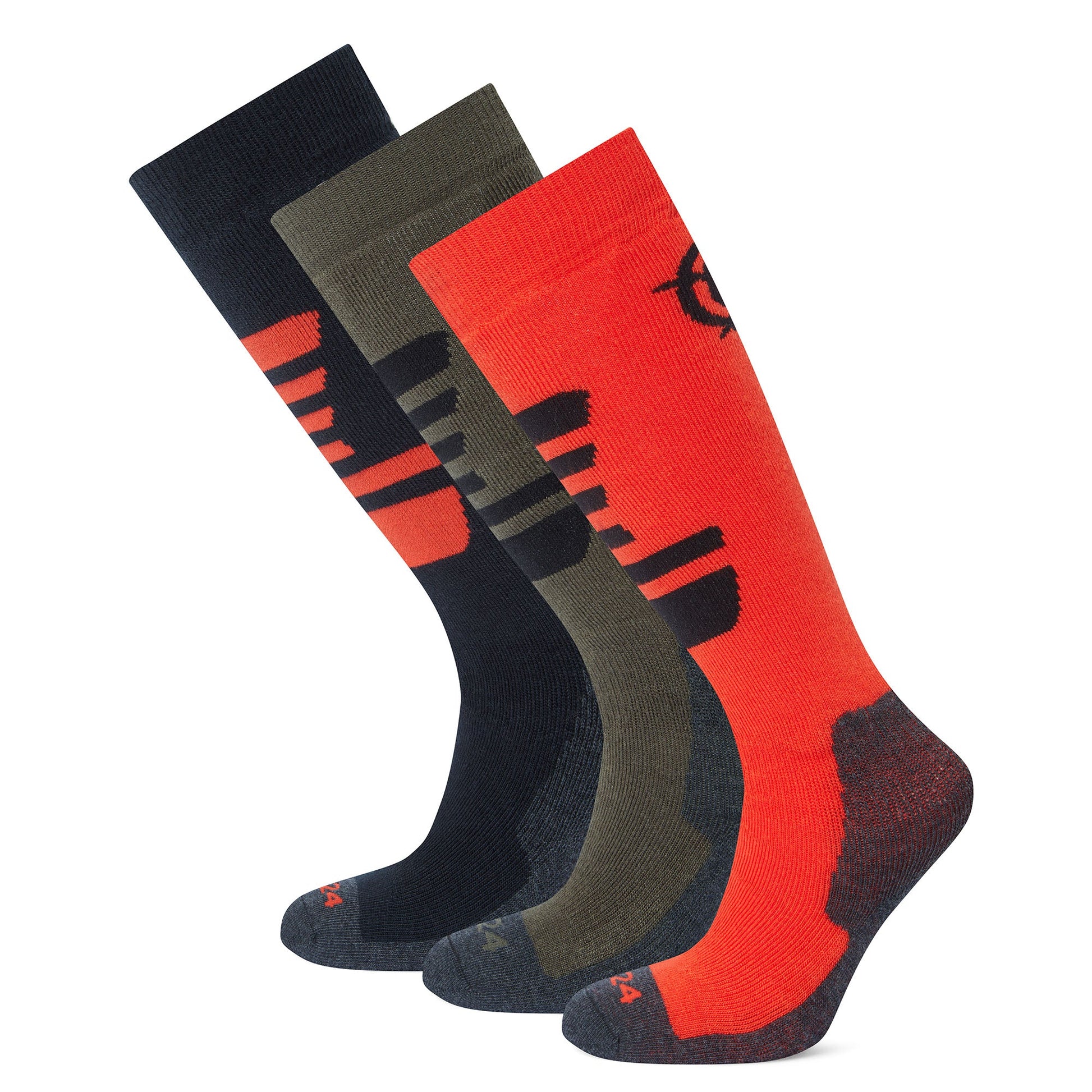 Bergenz 3 Pack Kids Ski Socks - Black/Khaki/Fiery Orange