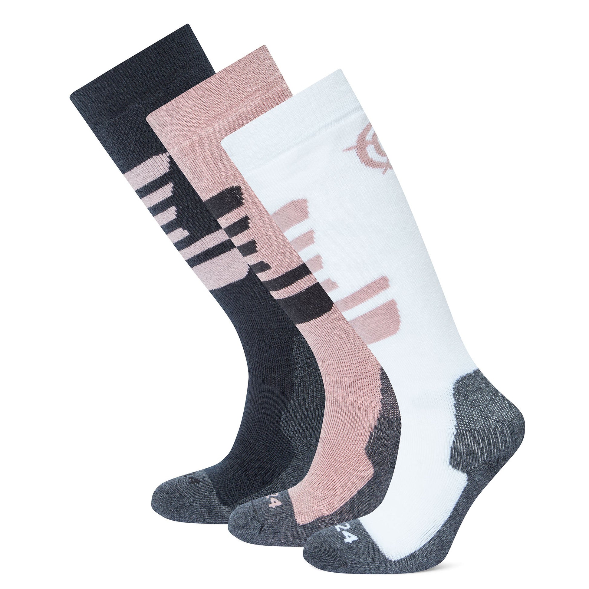 Bergenz 3 Pack Kids Ski Socks - Black/Faded Pink/Optic White