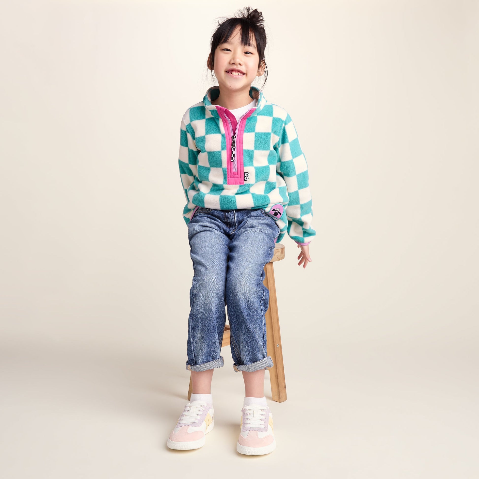 Brecknock Kids Shaun the Sheep Fleece Zip Neck - Spearmint/Woolly Checkerboard