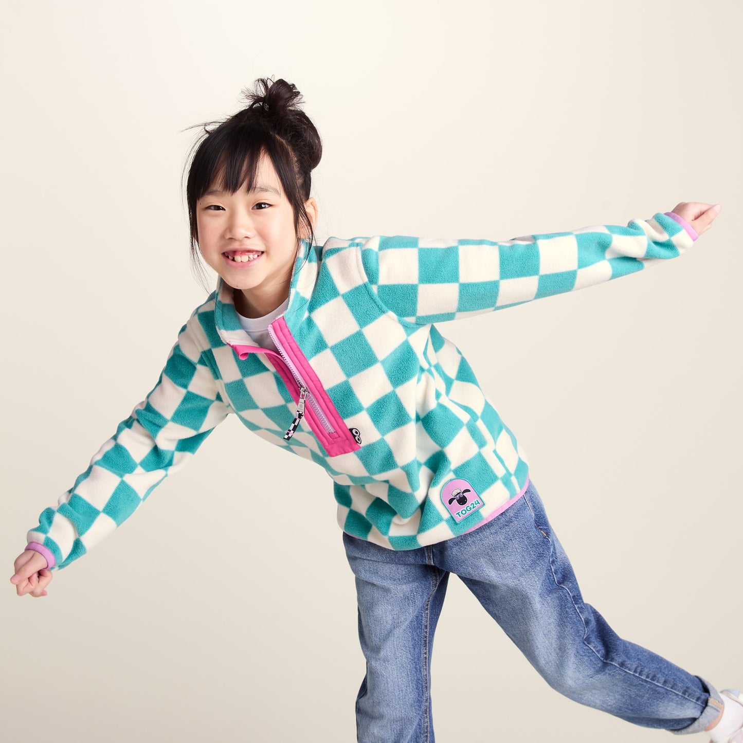 Brecknock Kids Shaun the Sheep Fleece Zip Neck - Spearmint/Woolly Checkerboard