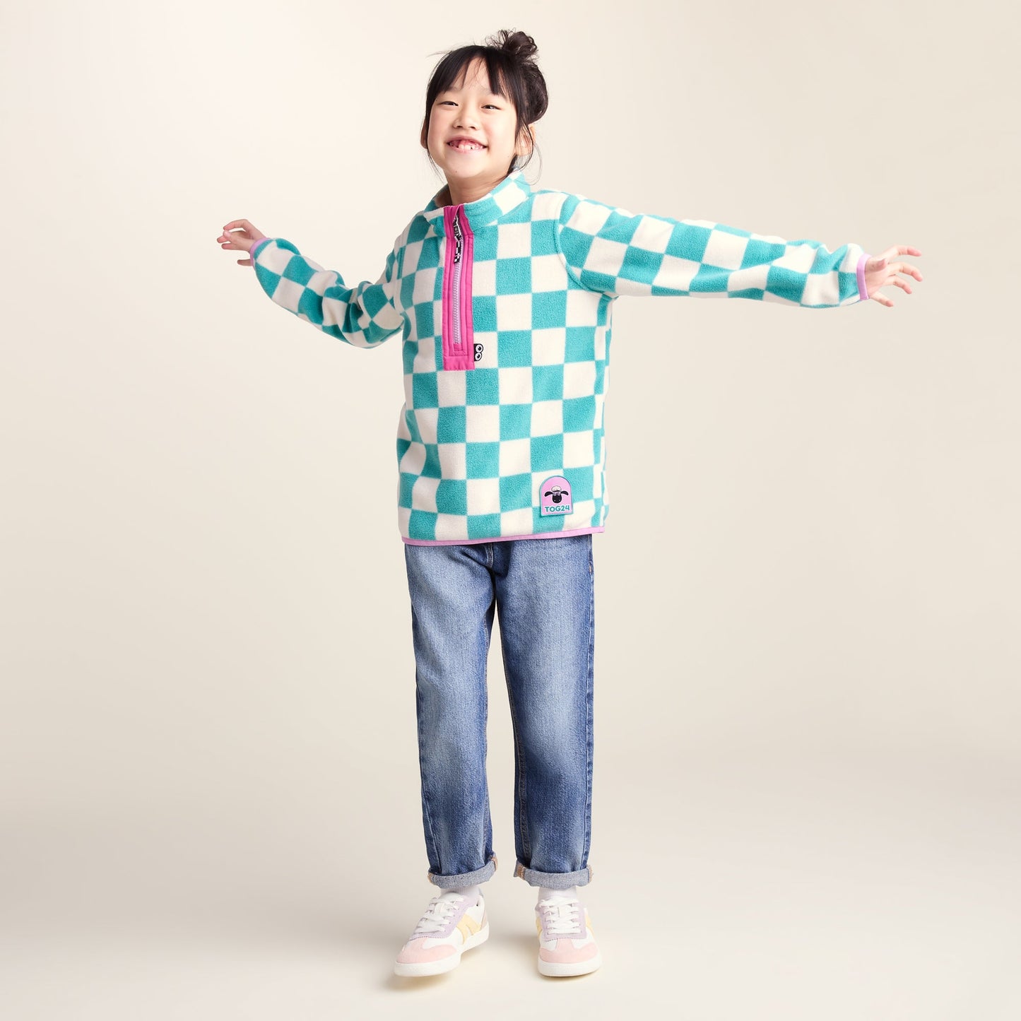 Brecknock Kids Shaun the Sheep Fleece Zip Neck - Spearmint/Woolly Checkerboard