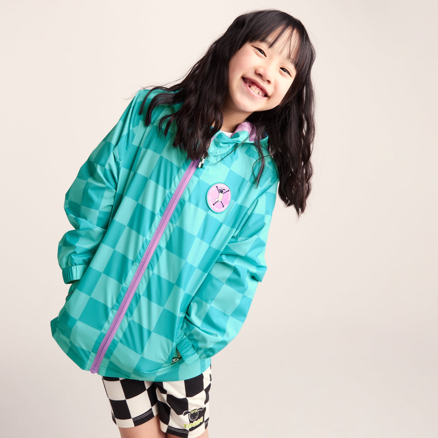 Cohampshire Kids Shaun the Sheep Waterproof Jacket - Spearmint/Bubblegum Checkerboard
