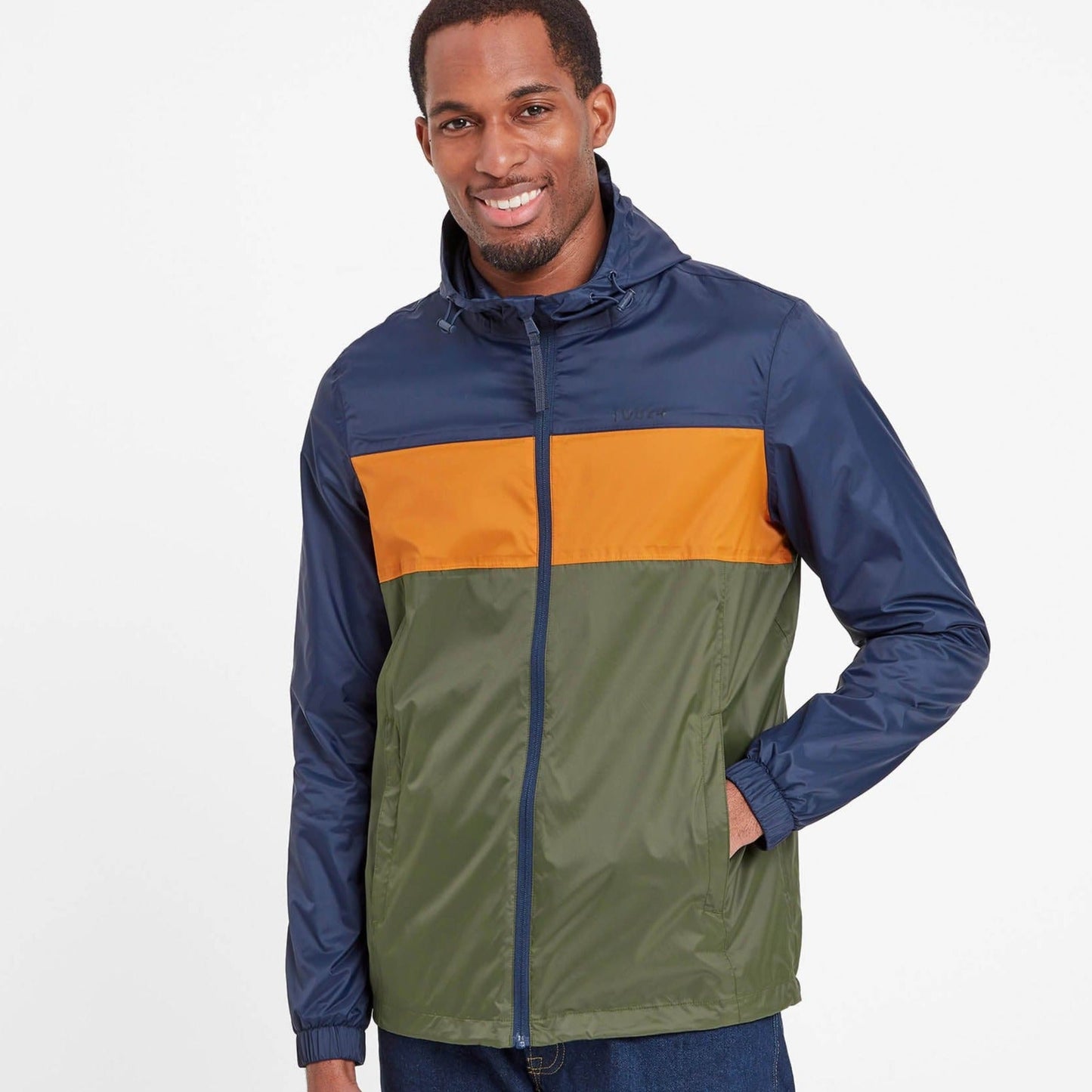 Craven Mens Waterproof Packaway Jacket - Khaki/Navy/Dark Orange Colour Block