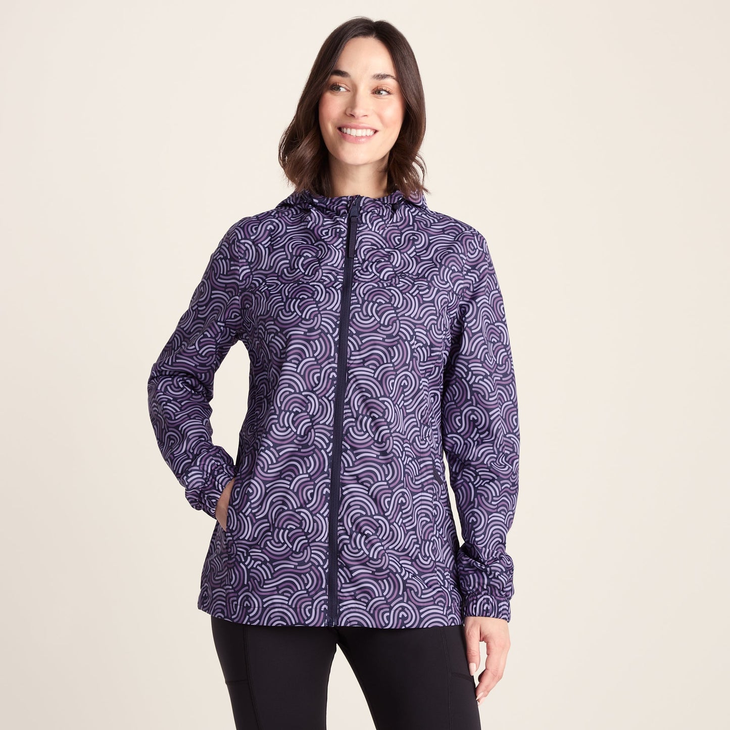 Craven Womens Waterproof Packaway Jacket - Dk Indigo/Lilac Blossom Wave Print