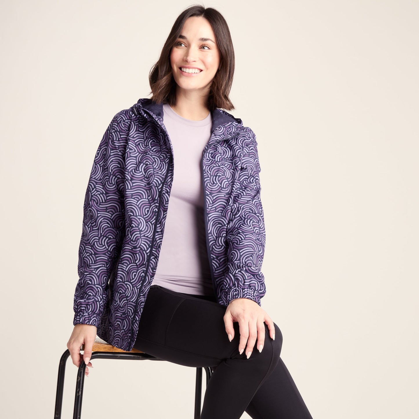 Craven Womens Waterproof Packaway Jacket - Dk Indigo/Lilac Blossom Wave Print