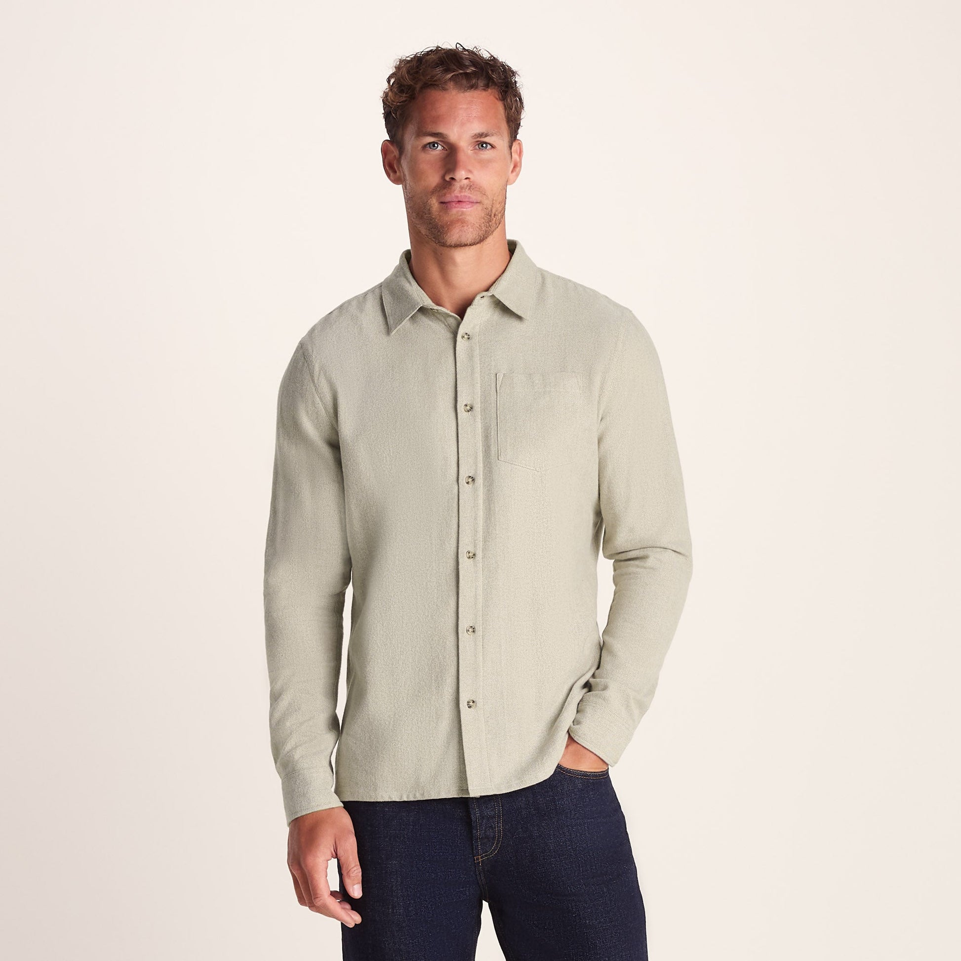 Draper Mens Long Sleeve Cotton Herringbone Shirt - Hazelnut