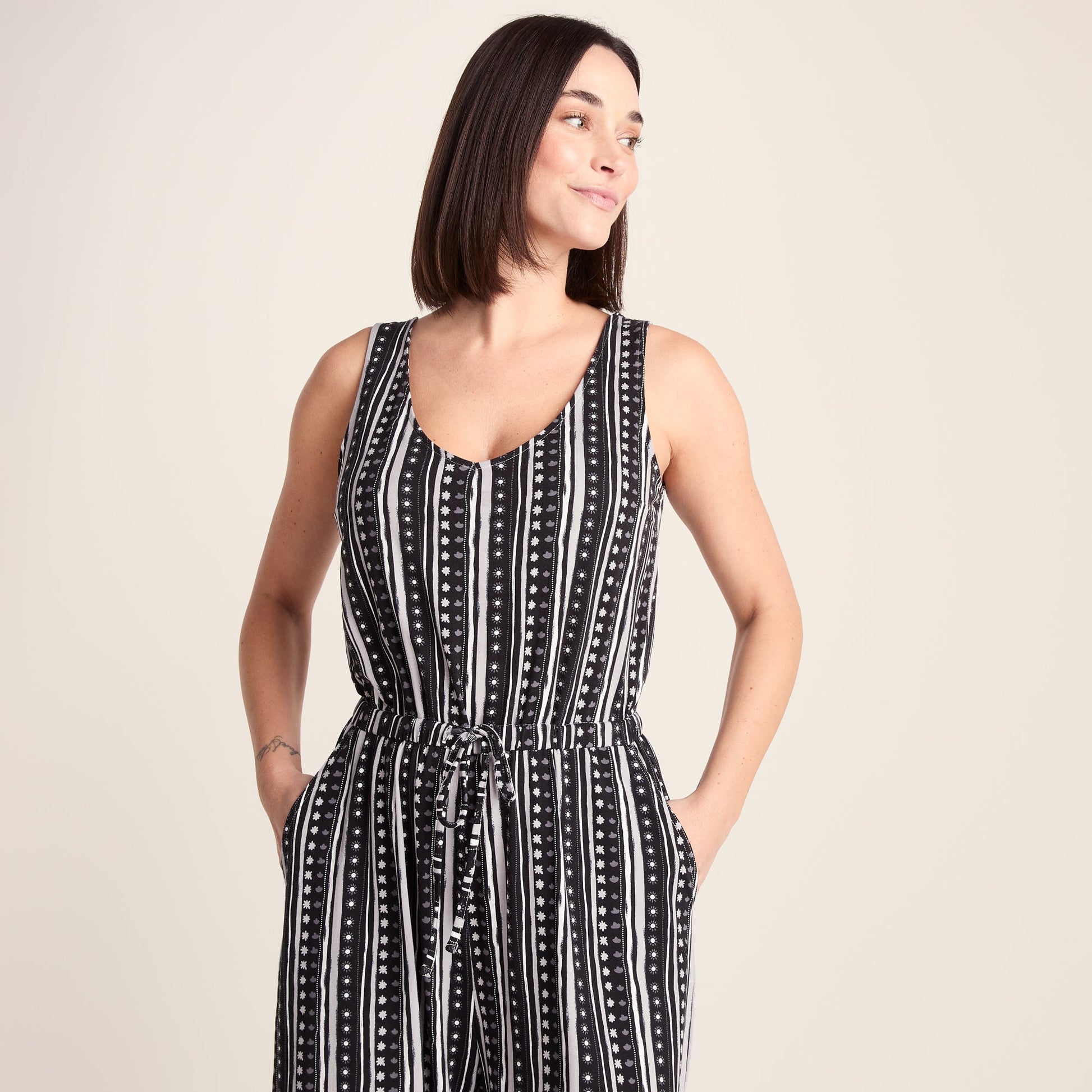 Emmie Womens Supersoft Jumpsuit - Black Doodle Stripe Print