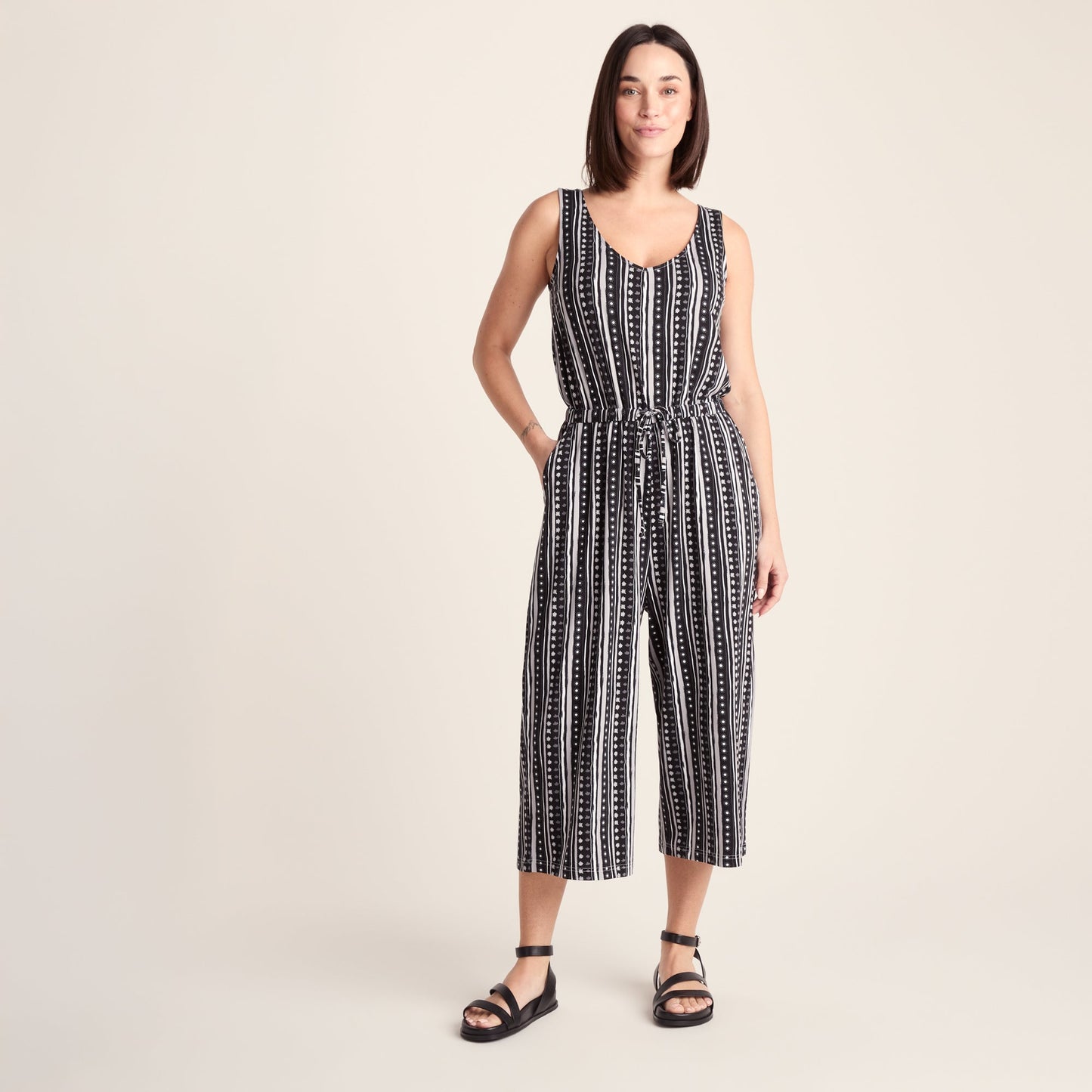 Emmie Womens Supersoft Jumpsuit - Black Doodle Stripe Print