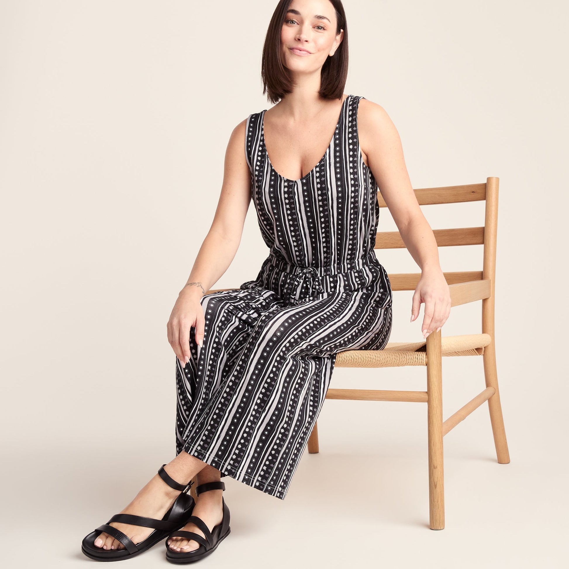 Emmie Womens Supersoft Jumpsuit - Black Doodle Stripe Print