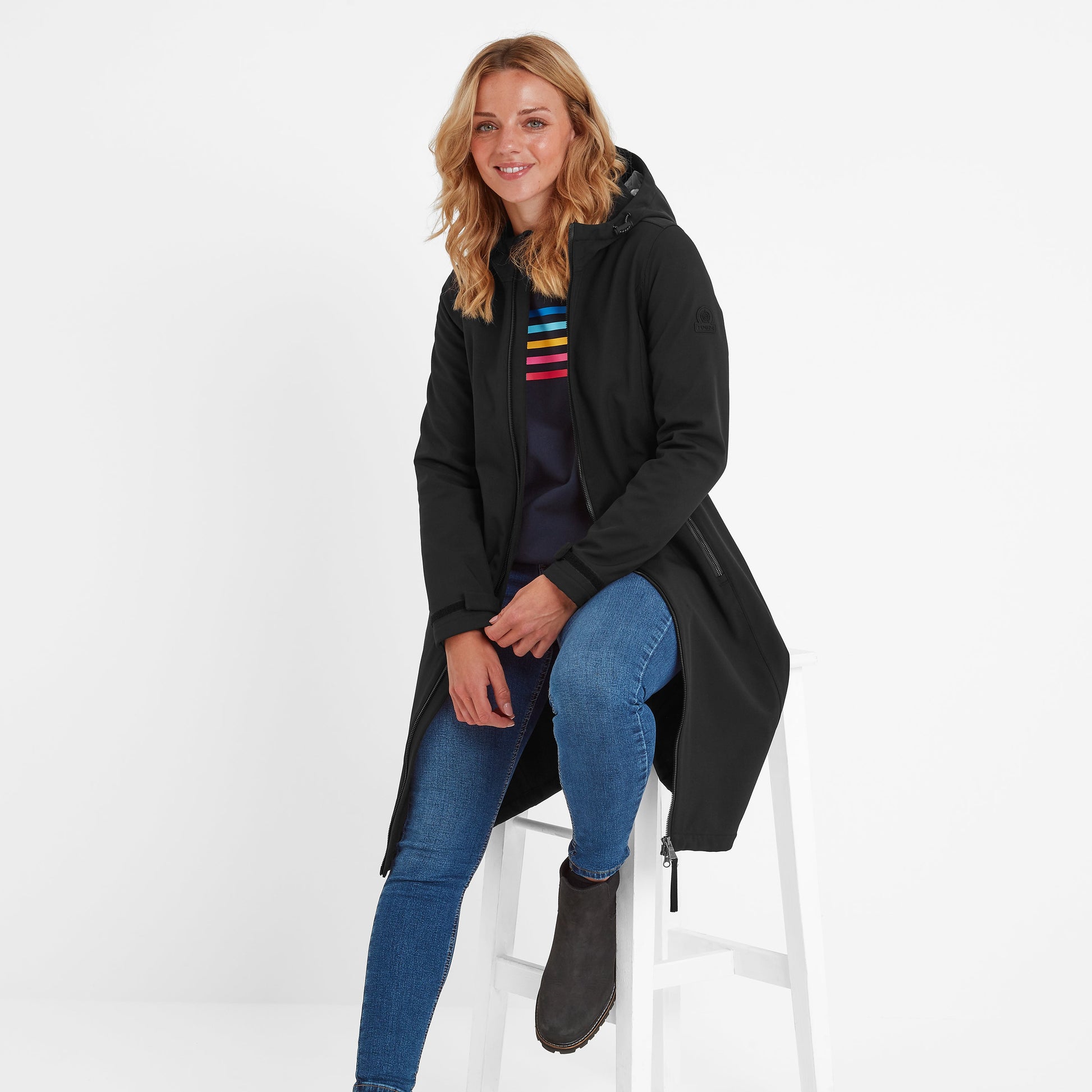 Enya Womens Longline Shower Resistant Softshell Jacket - Black