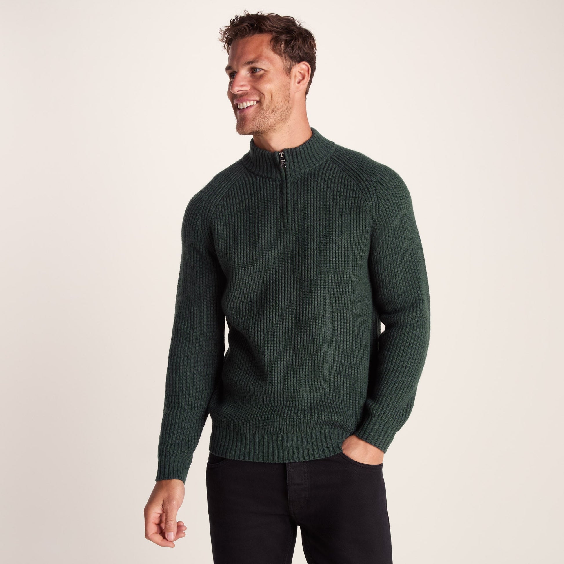 Glen Mens Chunky Knitted Zip Neck Jumper - Racing Green