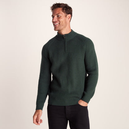 Glen Mens Chunky Knitted Zip Neck Jumper - Racing Green