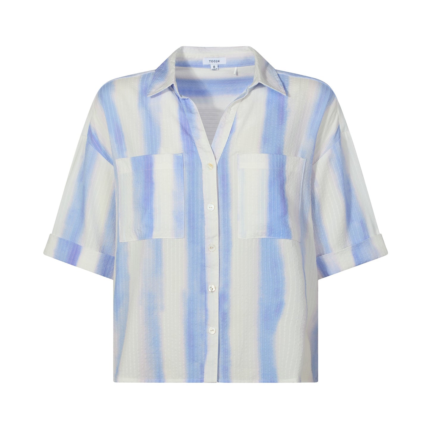 Julie Womens Short Sleeve Seersucker Blouse - Blue Hues Print