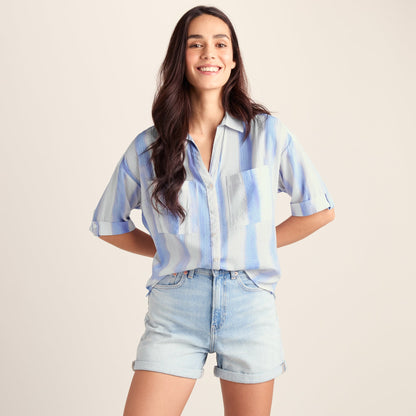 Julie Womens Short Sleeve Seersucker Blouse - Blue Hues Print