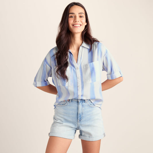 Julie Womens Short Sleeve Seersucker Blouse - Blue Hues Print