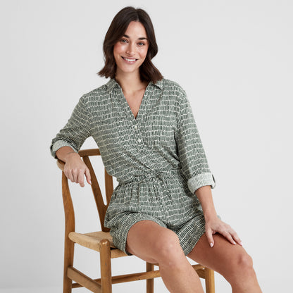 Kadina Womens Long Sleeve Shirt - Green Dash Print