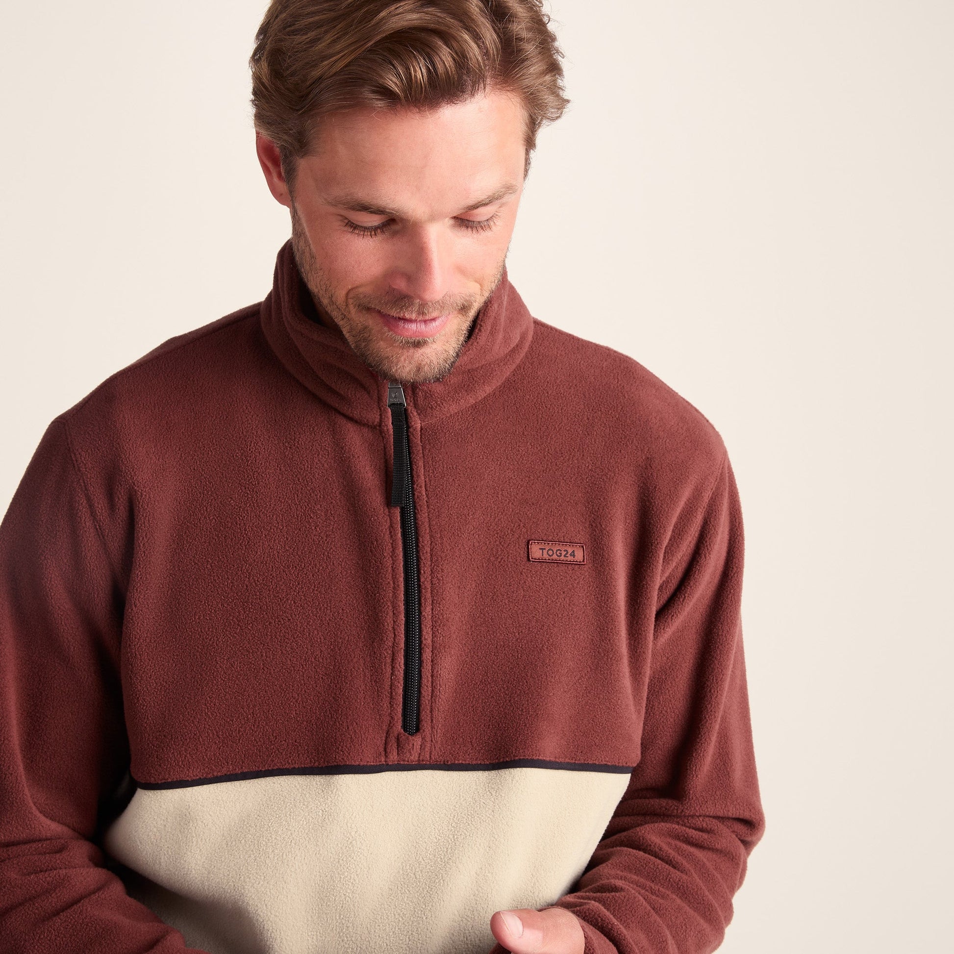 Kirton Mens Relaxed Fit Microfleece Zip Neck - Port/Hazelnut