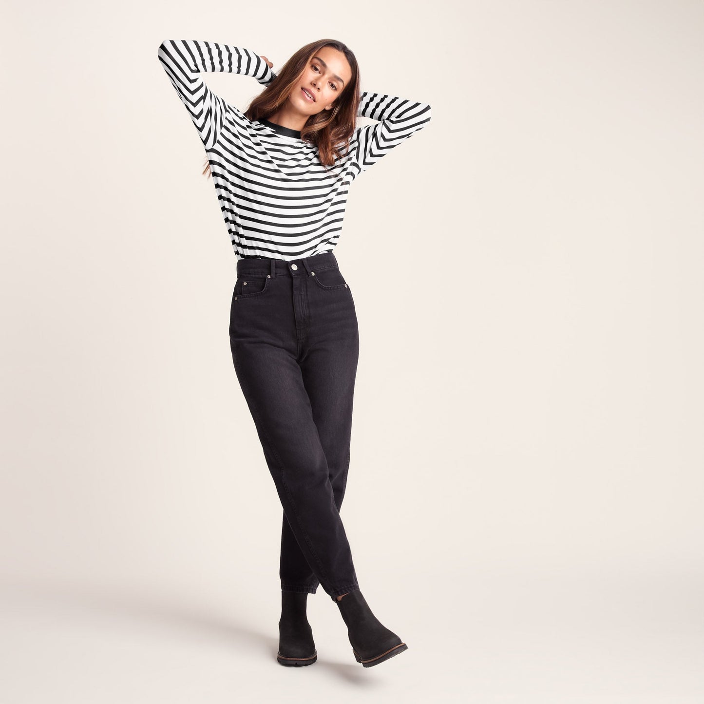 Kitty Womens Long Sleeve Striped T-Shirt - Washed Black Stripe