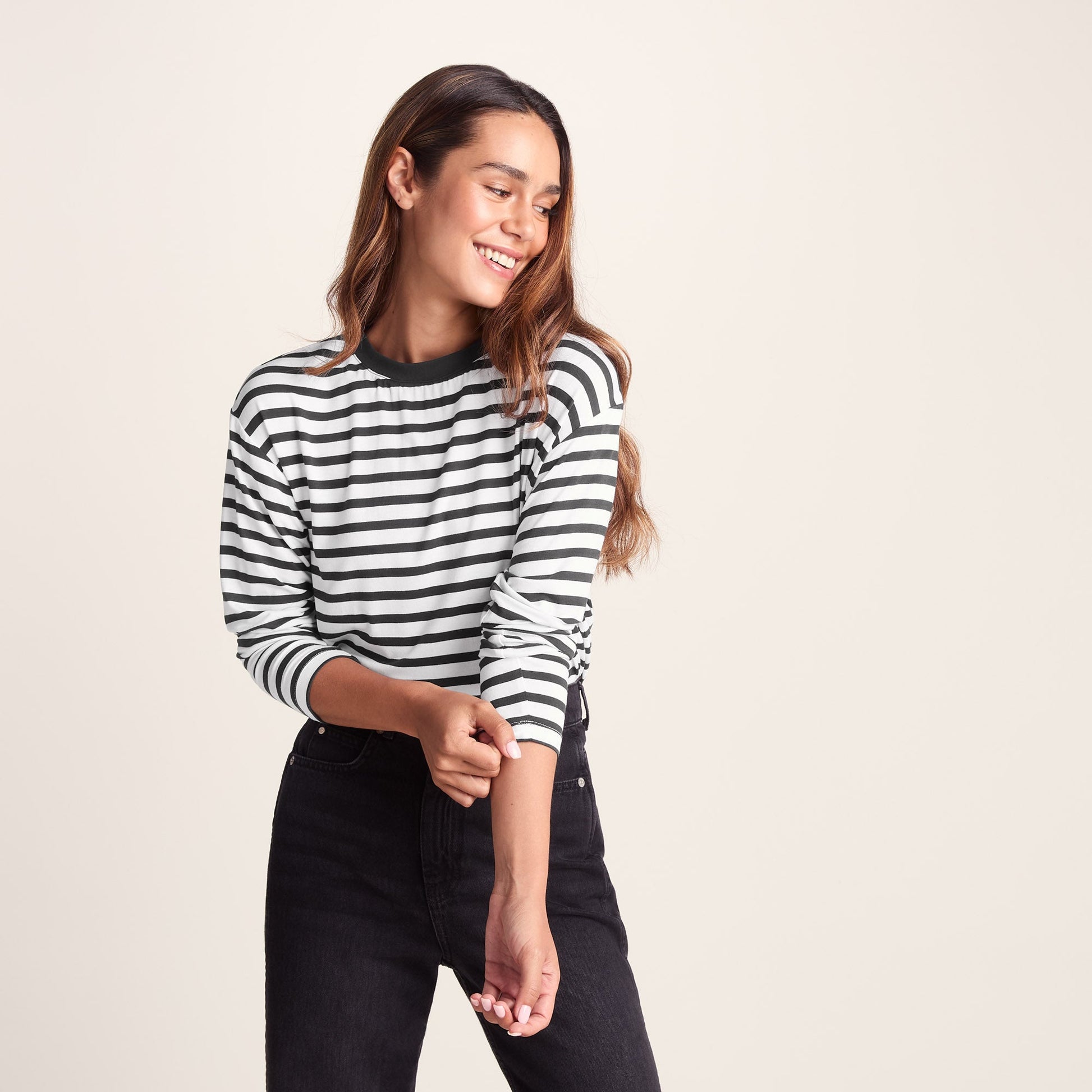 Kitty Womens Long Sleeve Striped T-Shirt - Washed Black Stripe