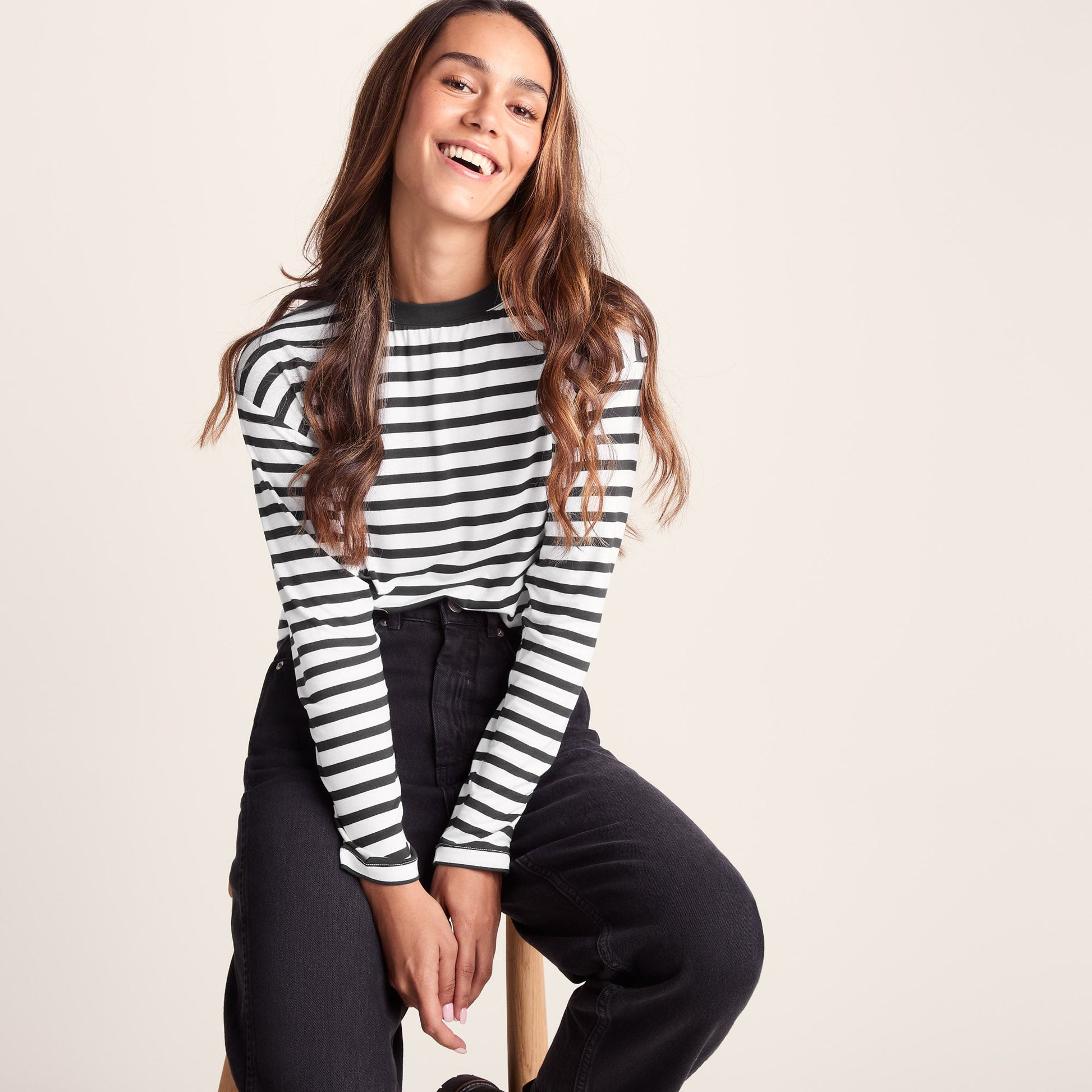 Kitty Womens Long Sleeve Striped T-Shirt - Washed Black Stripe