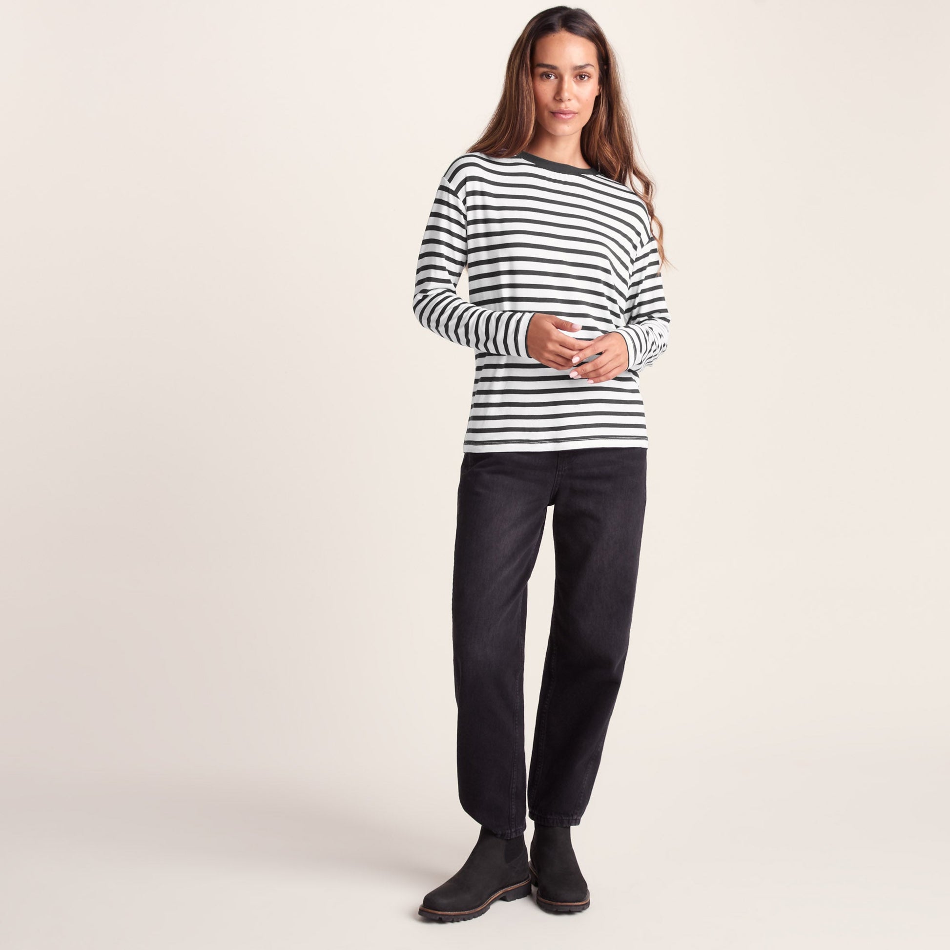 Kitty Womens Long Sleeve Striped T-Shirt - Washed Black Stripe