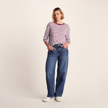 Kitty Womens Long Sleeve Striped T-Shirt - Washed Burgundy Stripe
