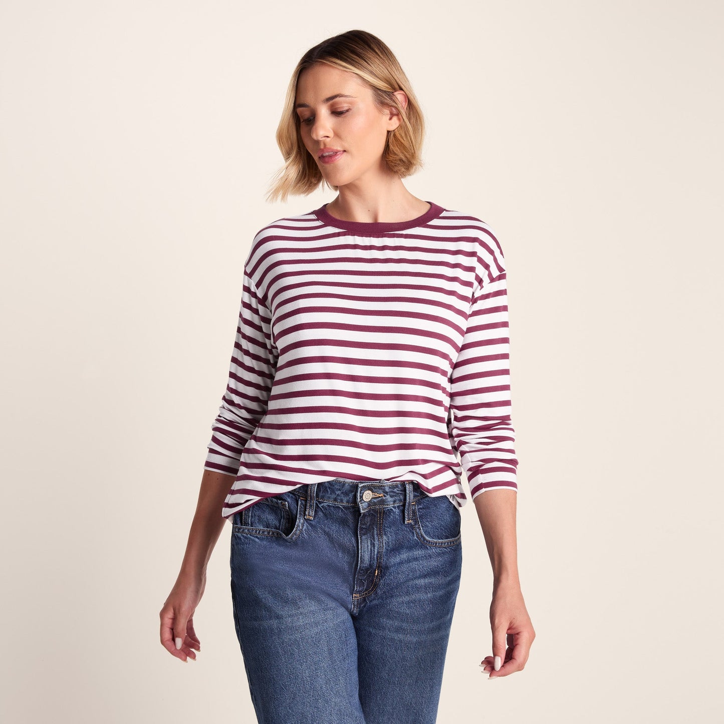 Kitty Womens Long Sleeve Striped T-Shirt - Washed Burgundy Stripe