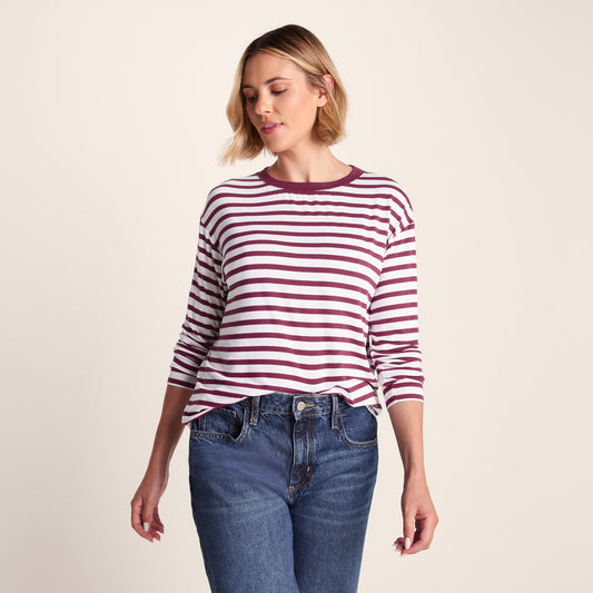 Kitty Womens Long Sleeve Striped T-Shirt - Washed Burgundy Stripe