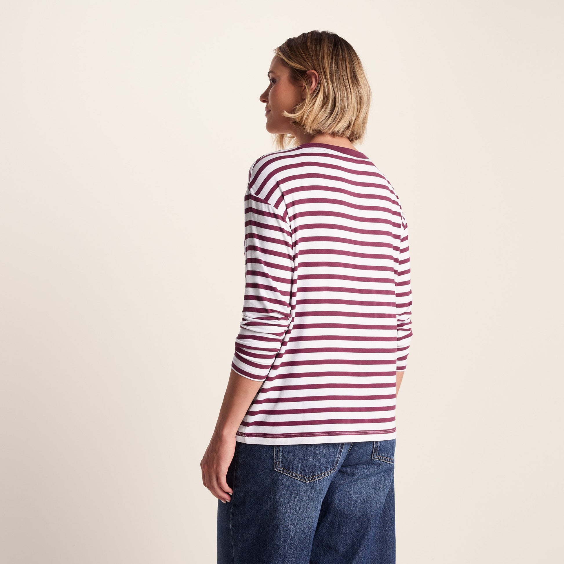 Kitty Womens Long Sleeve Striped T-Shirt - Washed Burgundy Stripe