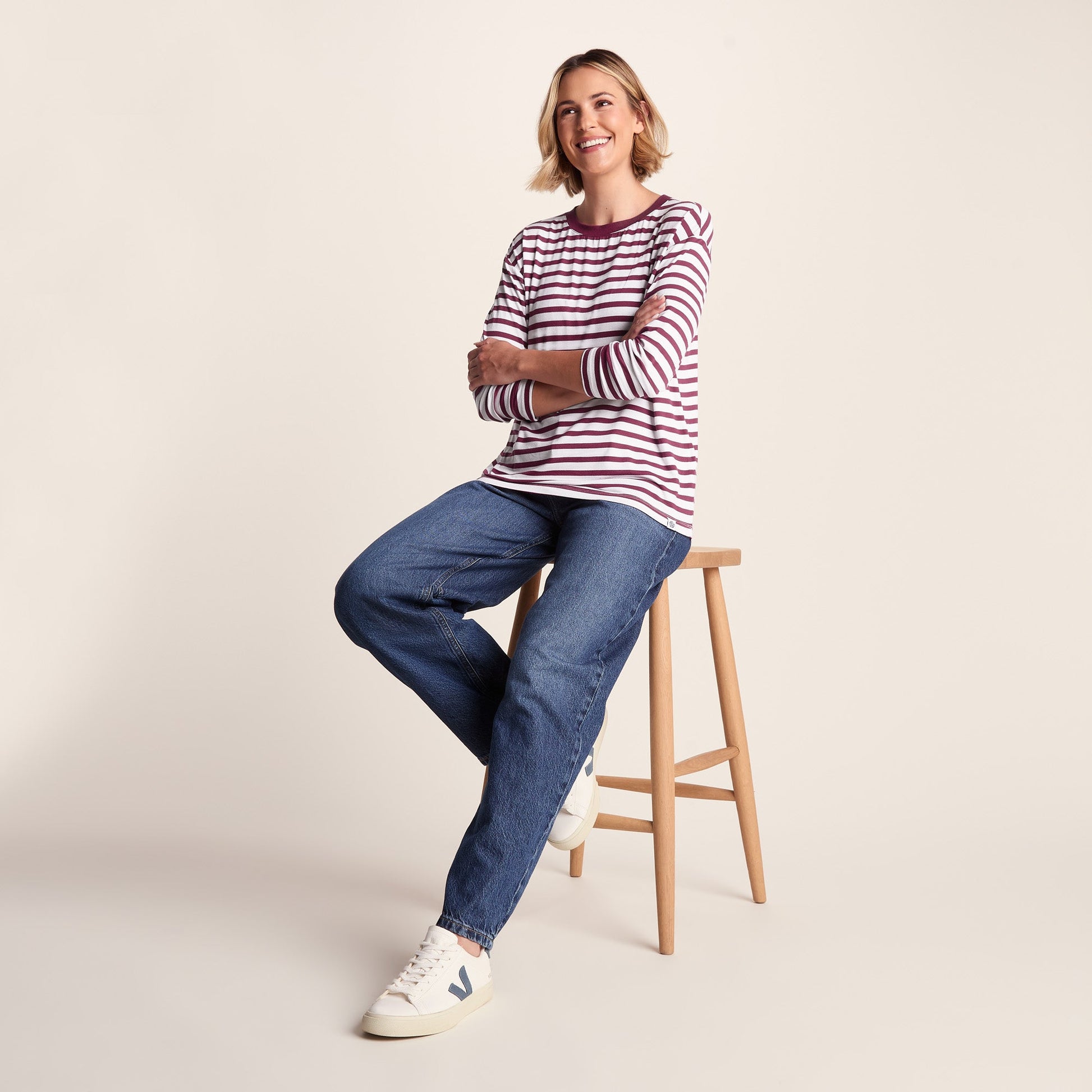Kitty Womens Long Sleeve Striped T-Shirt - Washed Burgundy Stripe
