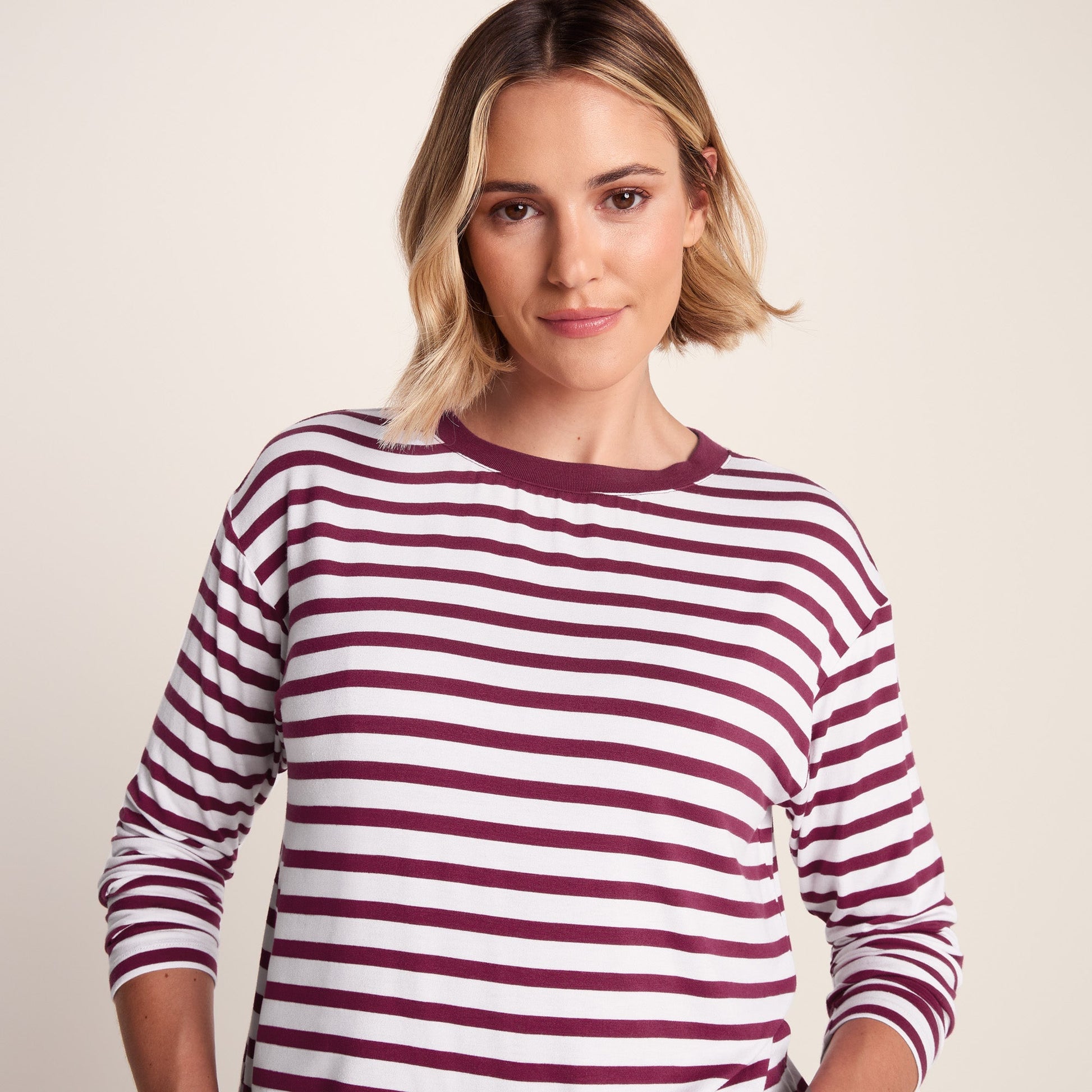Kitty Womens Long Sleeve Striped T-Shirt - Washed Burgundy Stripe