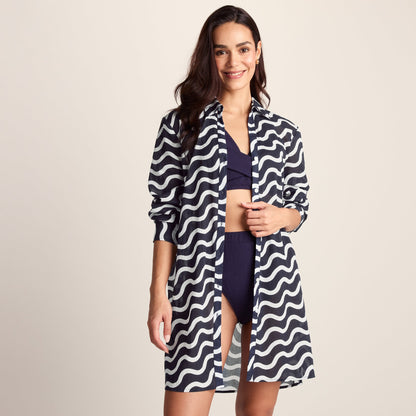 Kylie Womens Long Sleeve 100% Cotton Supersoft Shirt - Oxford Blue Wave Print
