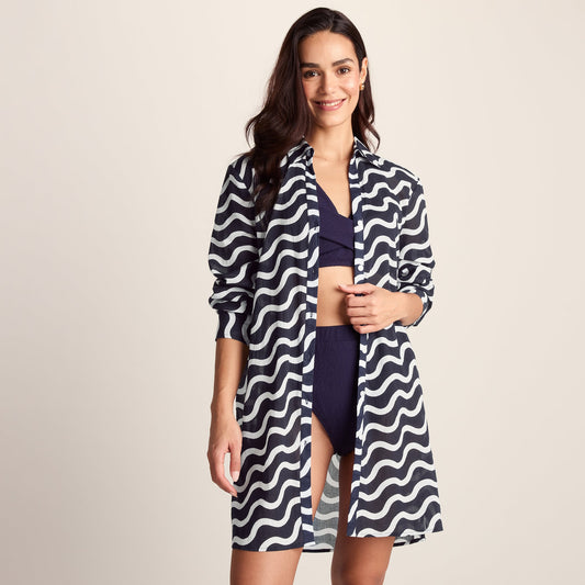 Kylie Womens Long Sleeve 100% Cotton Supersoft Shirt - Oxford Blue Wave Print