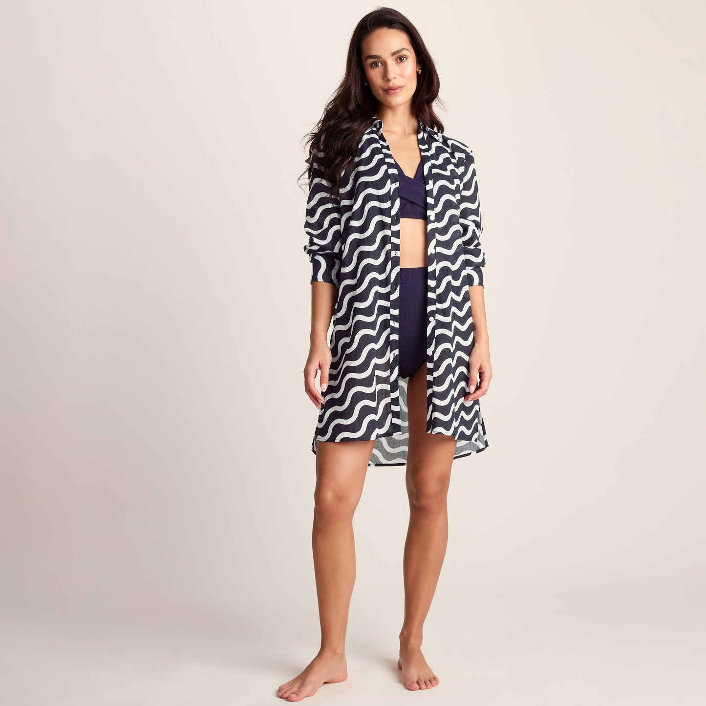 Kylie Womens Long Sleeve 100% Cotton Supersoft Shirt - Oxford Blue Wave Print