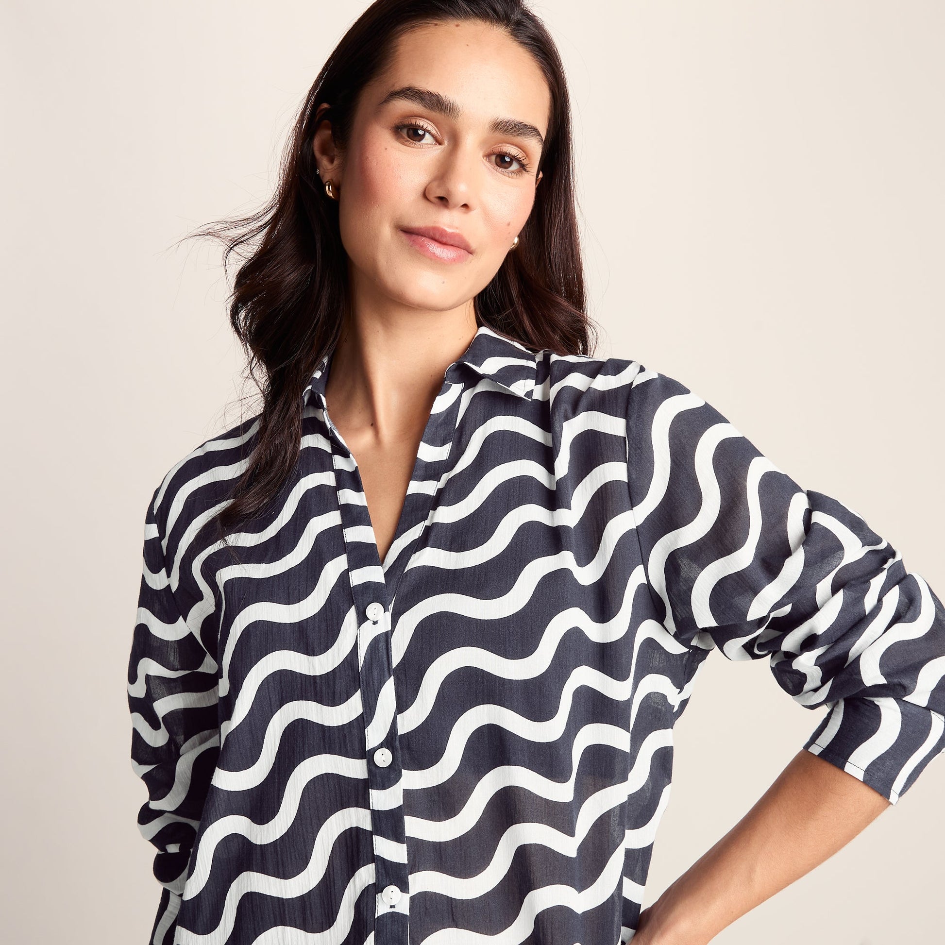 Kylie Womens Long Sleeve 100% Cotton Supersoft Shirt - Oxford Blue Wave Print