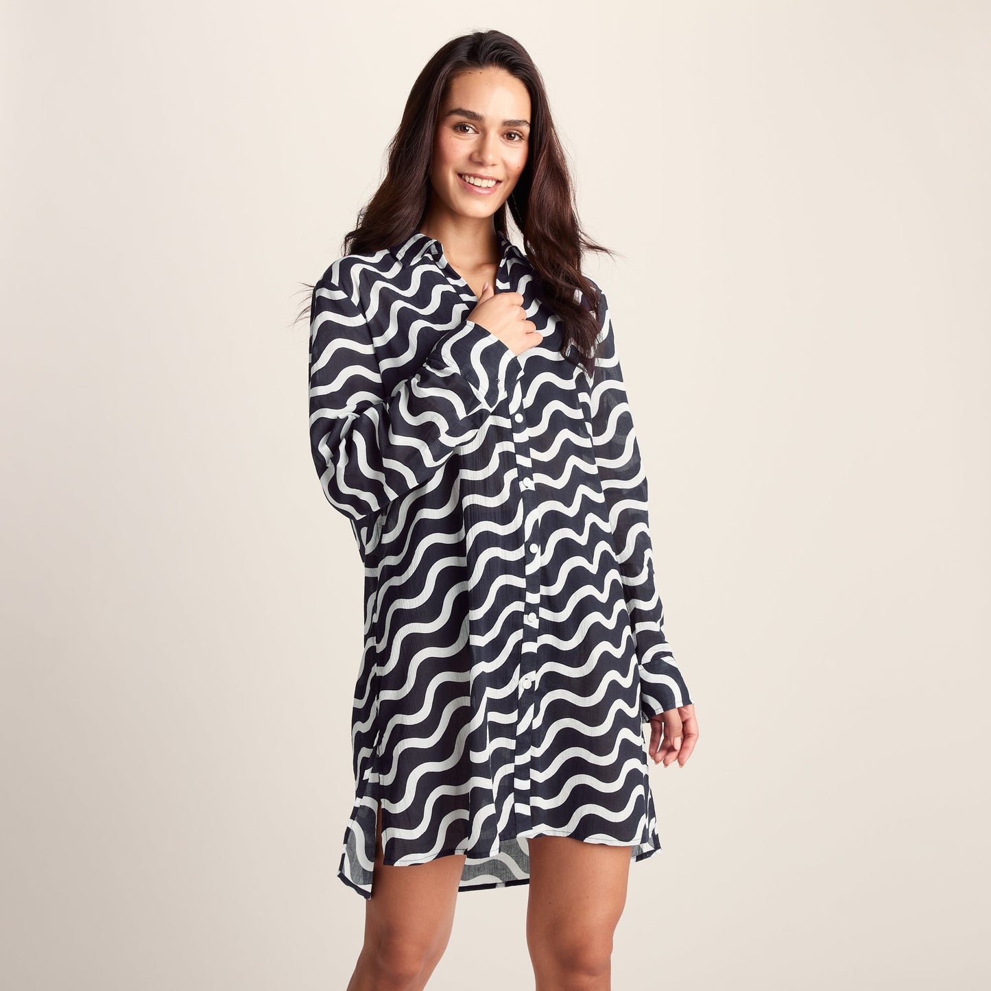Kylie Womens Long Sleeve 100% Cotton Supersoft Shirt - Oxford Blue Wave Print