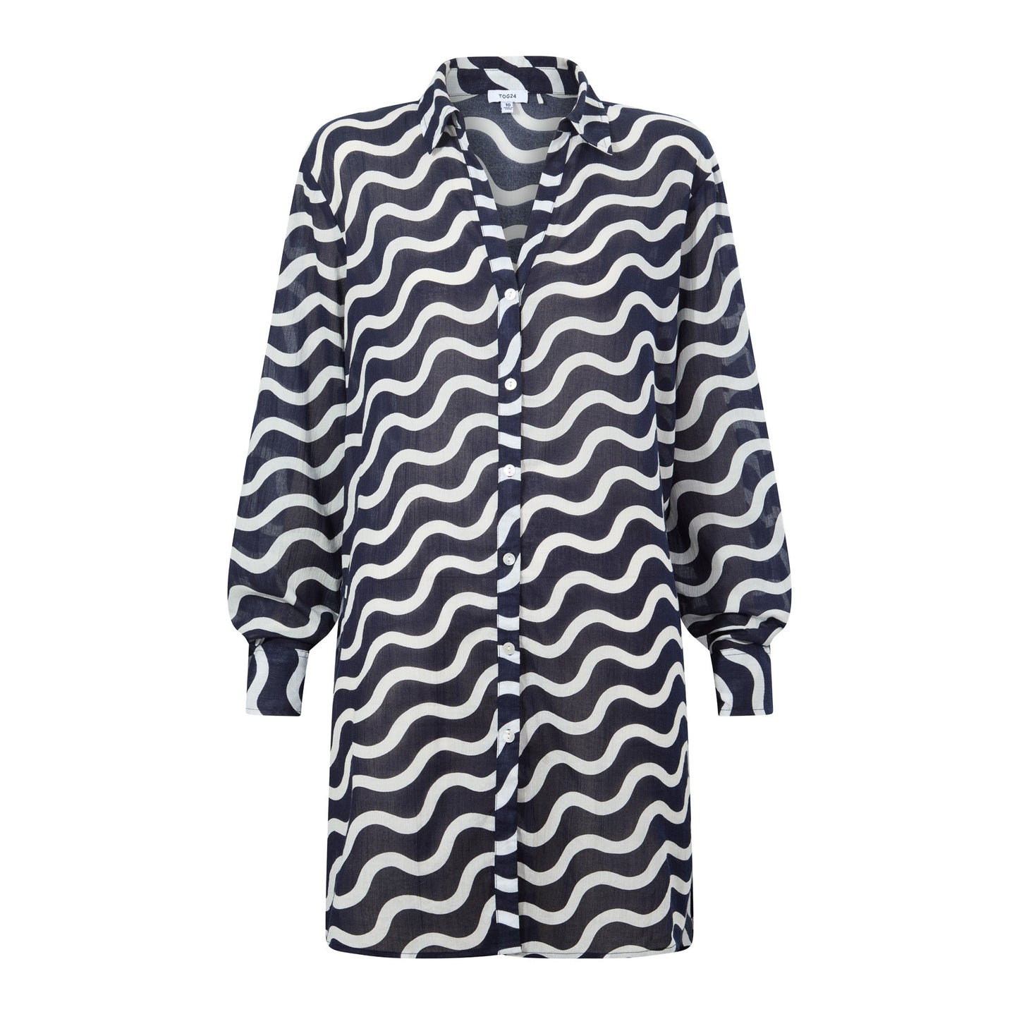 Kylie Womens Long Sleeve 100% Cotton Supersoft Shirt - Oxford Blue Wave Print