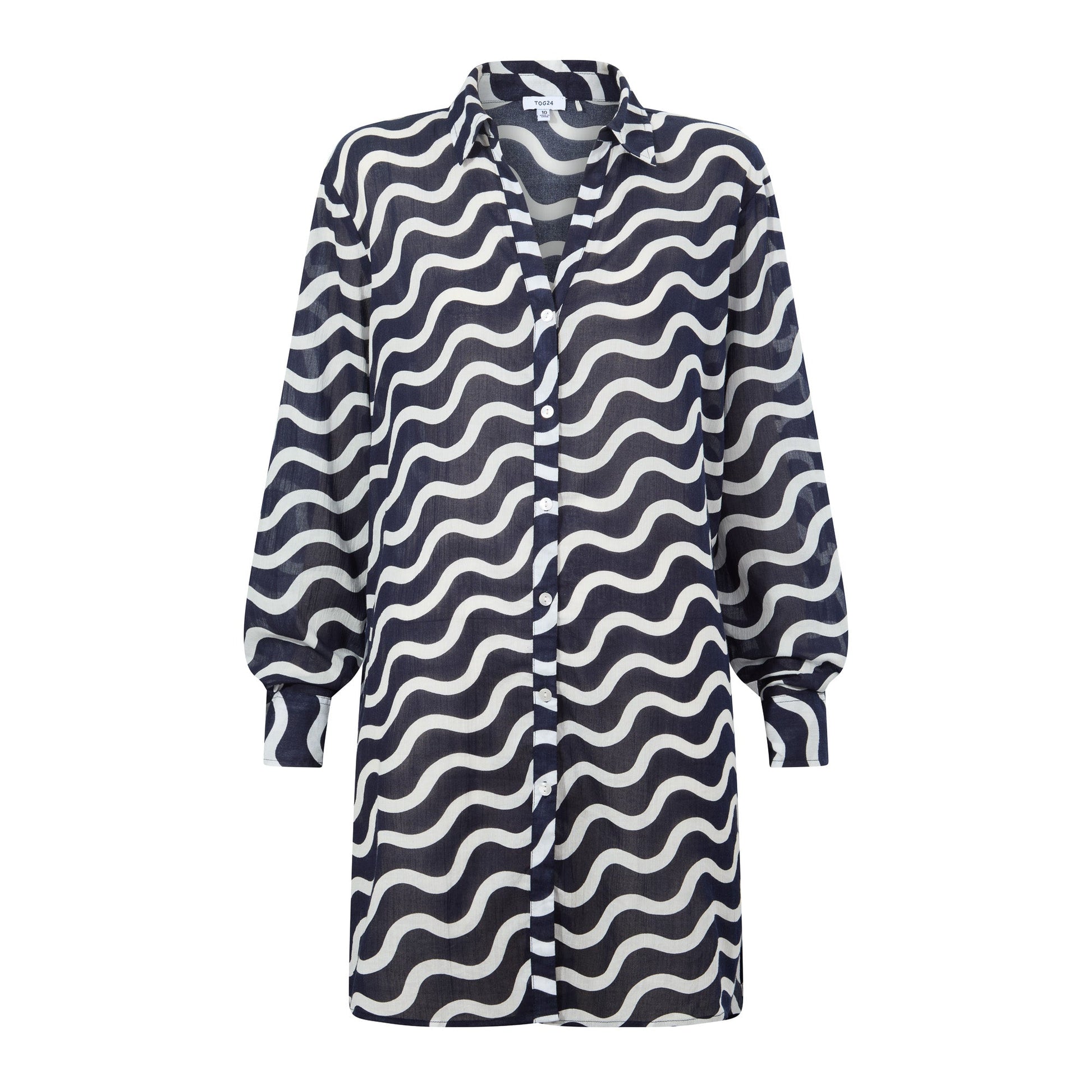 Kylie Womens Long Sleeve 100% Cotton Supersoft Shirt - Oxford Blue Wave Print