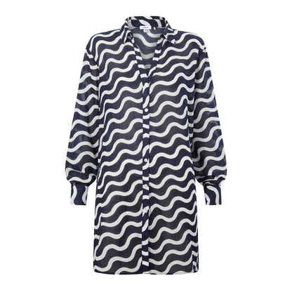 Kylie Womens Long Sleeve 100% Cotton Supersoft Shirt - Oxford Blue Wave Print