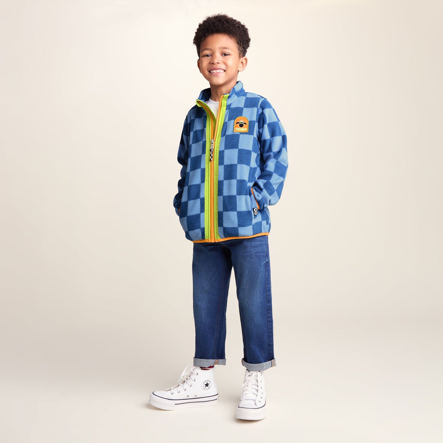 Lacaune Kids Shaun the Sheep Fleece Zip Jacket - Bluebell/Night Blue Checkerboard