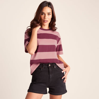 Lani Womens 100% Cotton Supersoft Boxy Fit T-Shirt - Black Raspberry Stripe