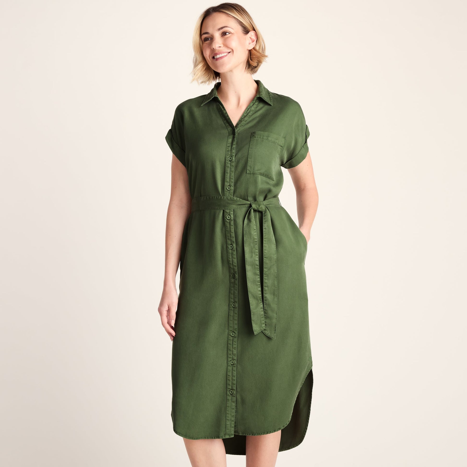 Lenira Womens Relaxed Fit Luxurious Tencel Lyocell Shirt Dress - Dark Matcha