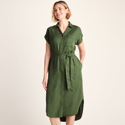 Lenira Womens Relaxed Fit Luxurious Tencel Lyocell Shirt Dress - Dark Matcha