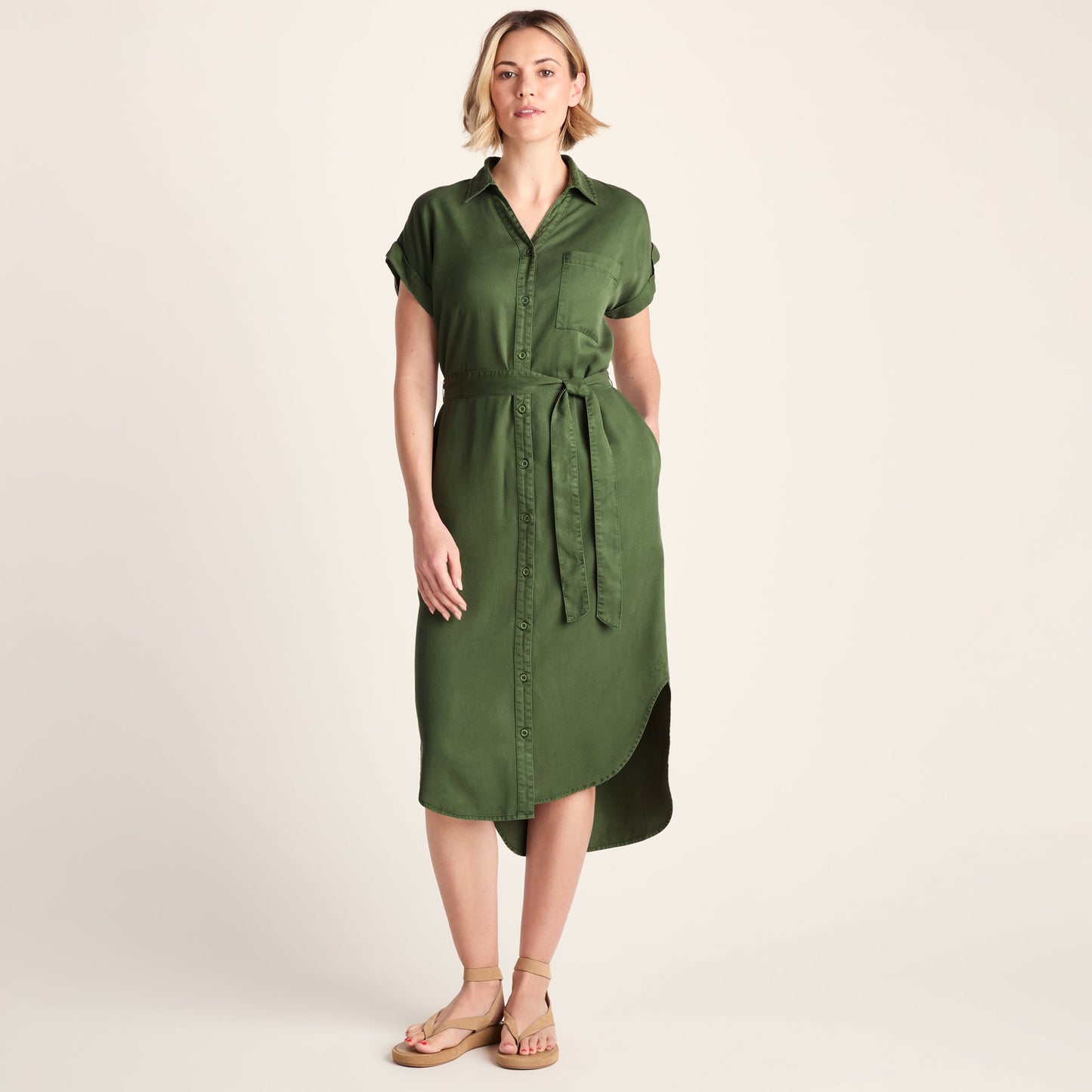 Lenira Womens Relaxed Fit Luxurious Tencel Lyocell Shirt Dress - Dark Matcha