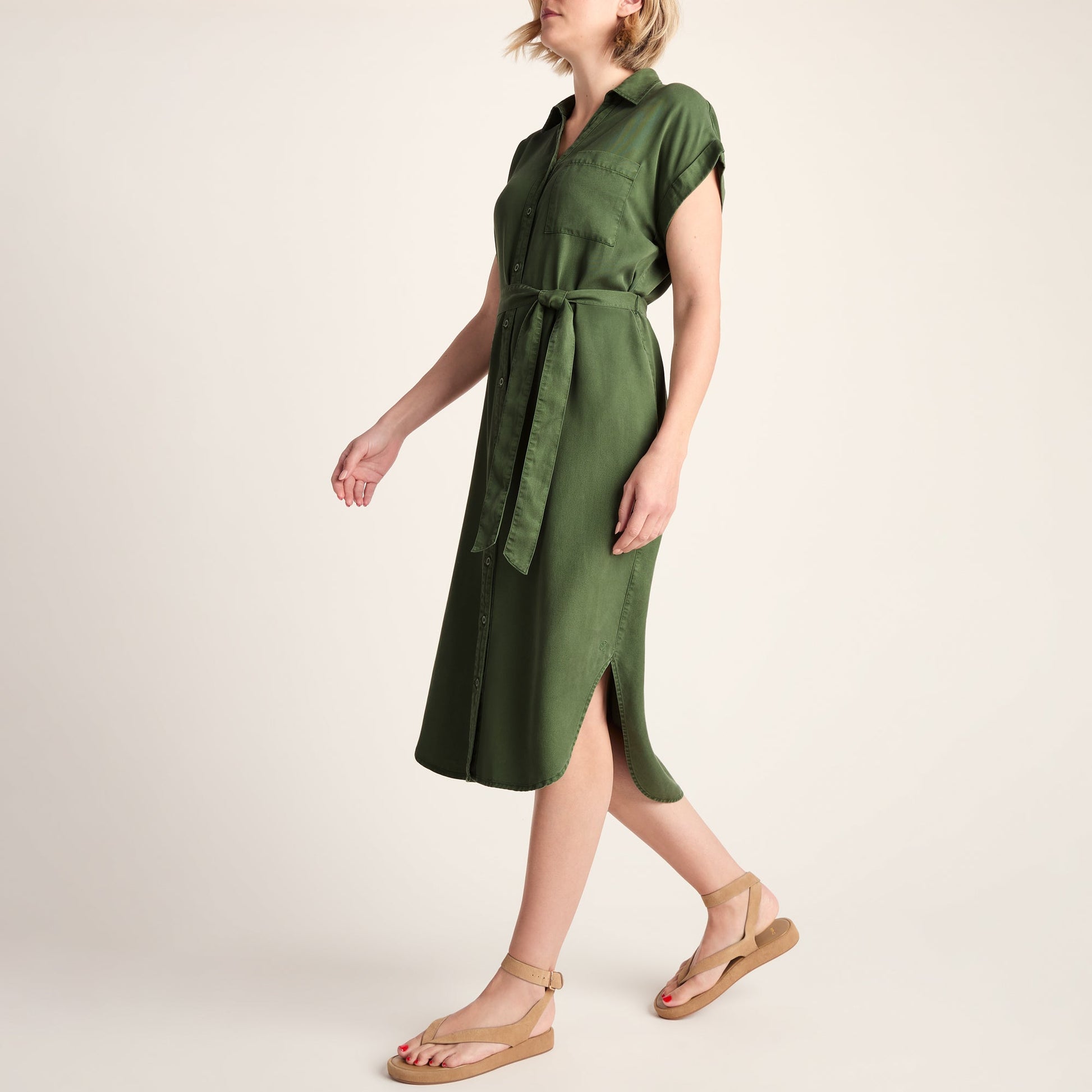 Lenira Womens Relaxed Fit Luxurious Tencel Lyocell Shirt Dress - Dark Matcha