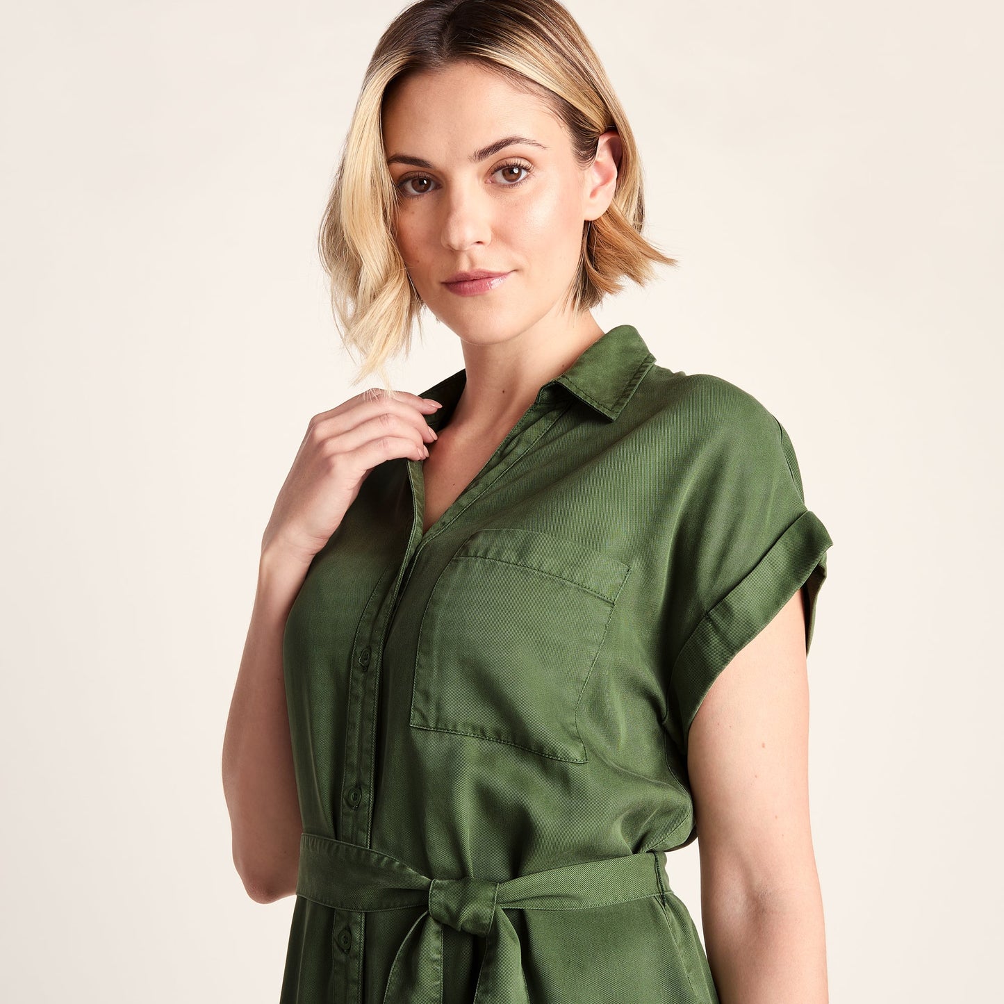 Lenira Womens Relaxed Fit Luxurious Tencel Lyocell Shirt Dress - Dark Matcha