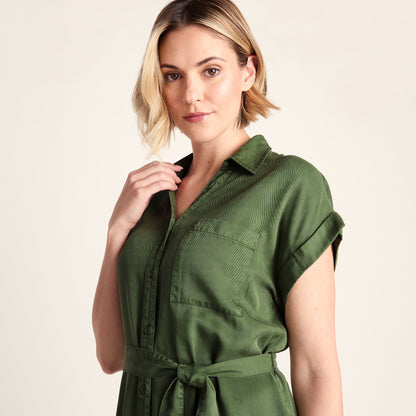 Lenira Womens Relaxed Fit Luxurious Tencel Lyocell Shirt Dress - Dark Matcha